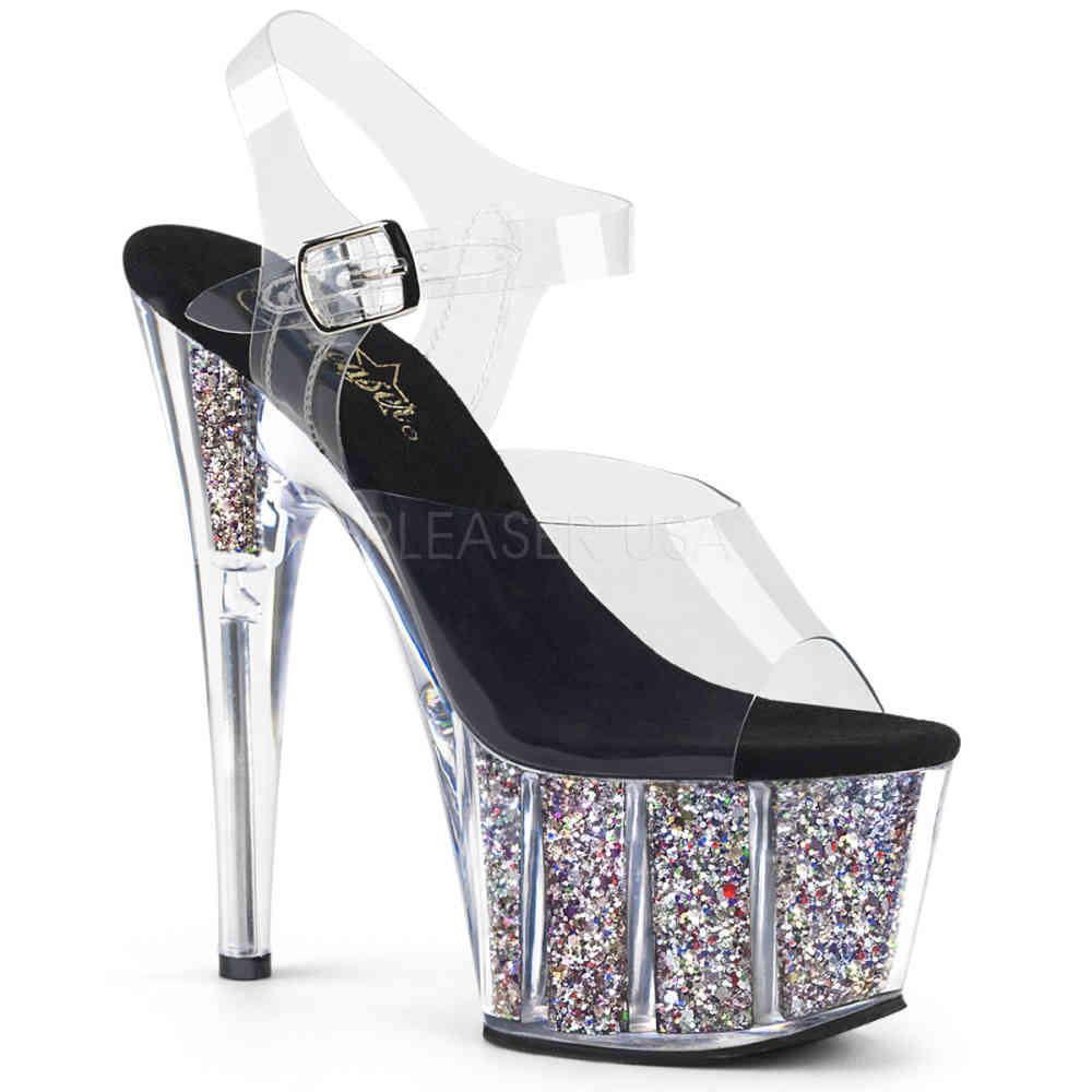 Pleaser - ADORE708CG KnöchelriemenSandale, Poledance Schuhe - Pole dance schuhe - Schwarz/Silberfarben